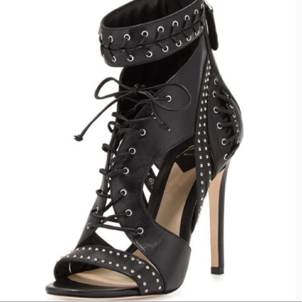 NWOT B Brian Atwood Black Leather Lusia Studded Lace Up Heels - Picture 3 of 12
